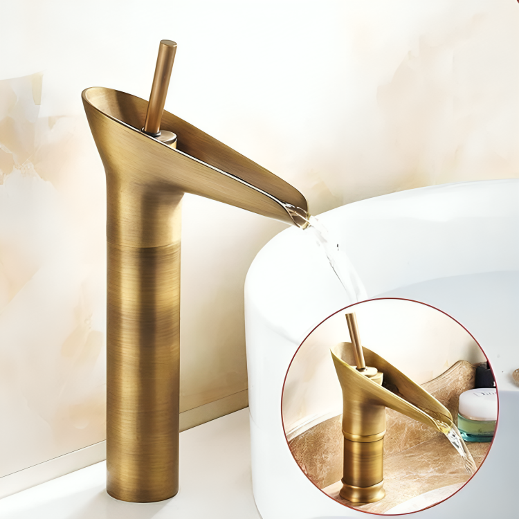 Robinet de lavabo haut en laiton brossé – cascade vintage à levier unique