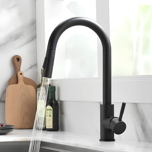 Robinet cuisine doré avec bec extractible – Design en laiton brossé