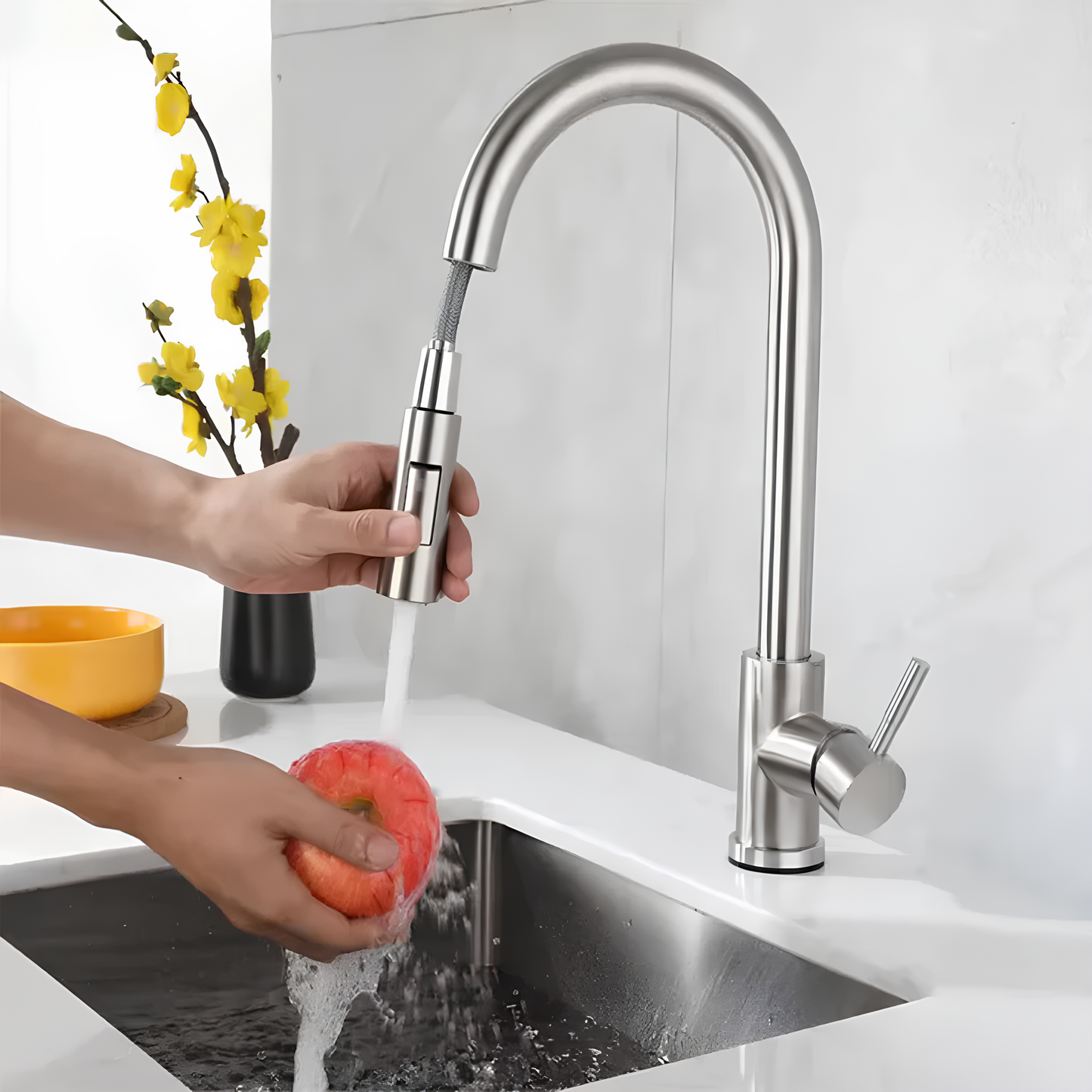 Robinet de cuisine inox brossé avec bec rétractable
