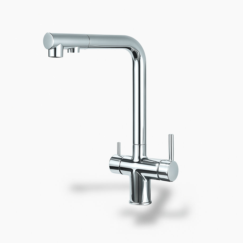 Robinet cuisine or brossé 3 voies – bec pivotant et filtre