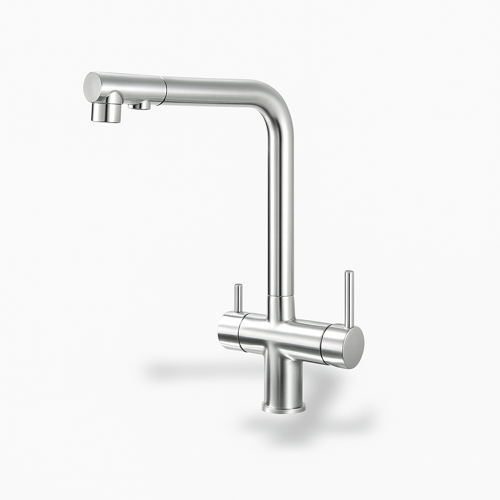 Robinet cuisine or brossé 3 voies – bec pivotant et filtre