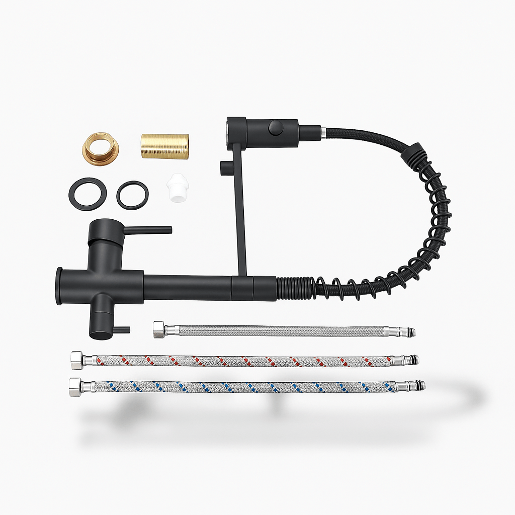 Robinet cuisine Quyanre – double bec avec filtre, laiton noir