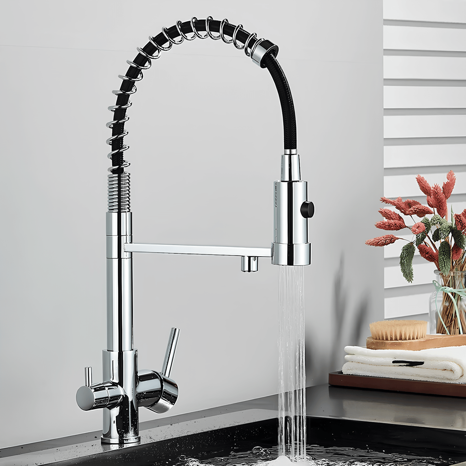 Robinet cuisine Quyanre – double bec avec filtre, laiton noir